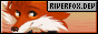 Small web button with a close-up drawing of an anthro red fox. A badge in the corner reads 'riverfox.dev'