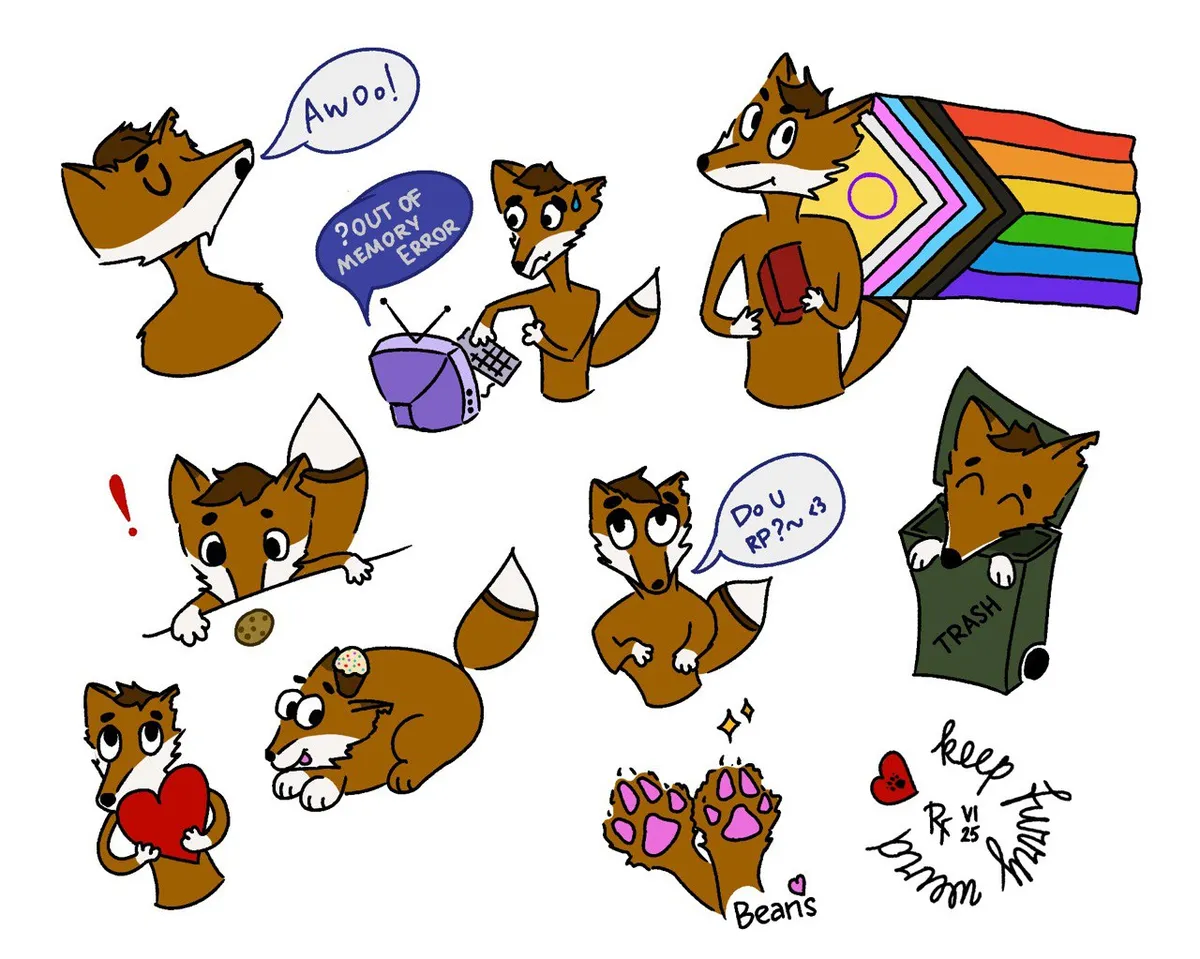 A sticker sheet featuring an anthro fox in various situations