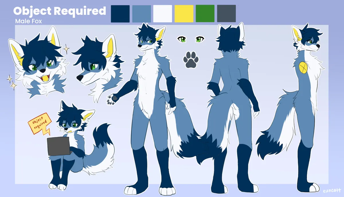 Reference sheet of a soft-blue anthropomorphic fox with white chest and yellow ear fluff