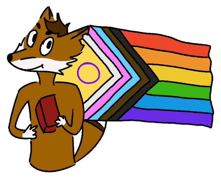 Drawing of an anthro fox with an intersex-inclusive progress pride flag behind it. The animal is holding a brick with a cheerful look on its face