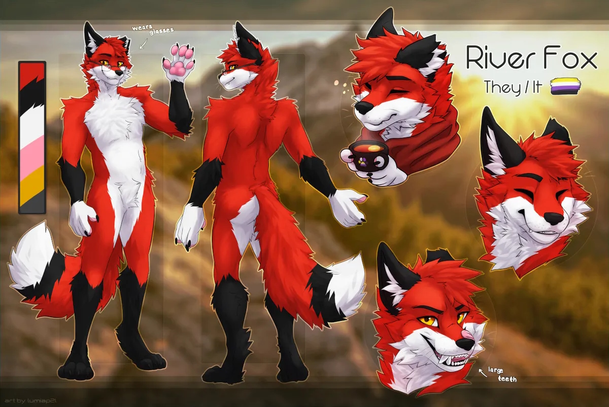 Reference sheet of a red anthropomorphic fox with black and white markings on their fur