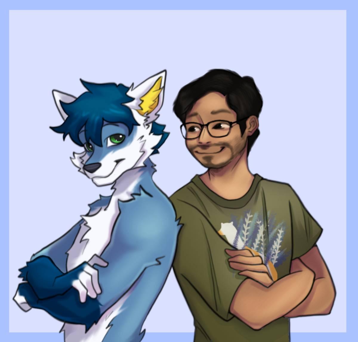 Drawing of a blue anthro fox standing shoulder to shoulder with a human being in a green shirt