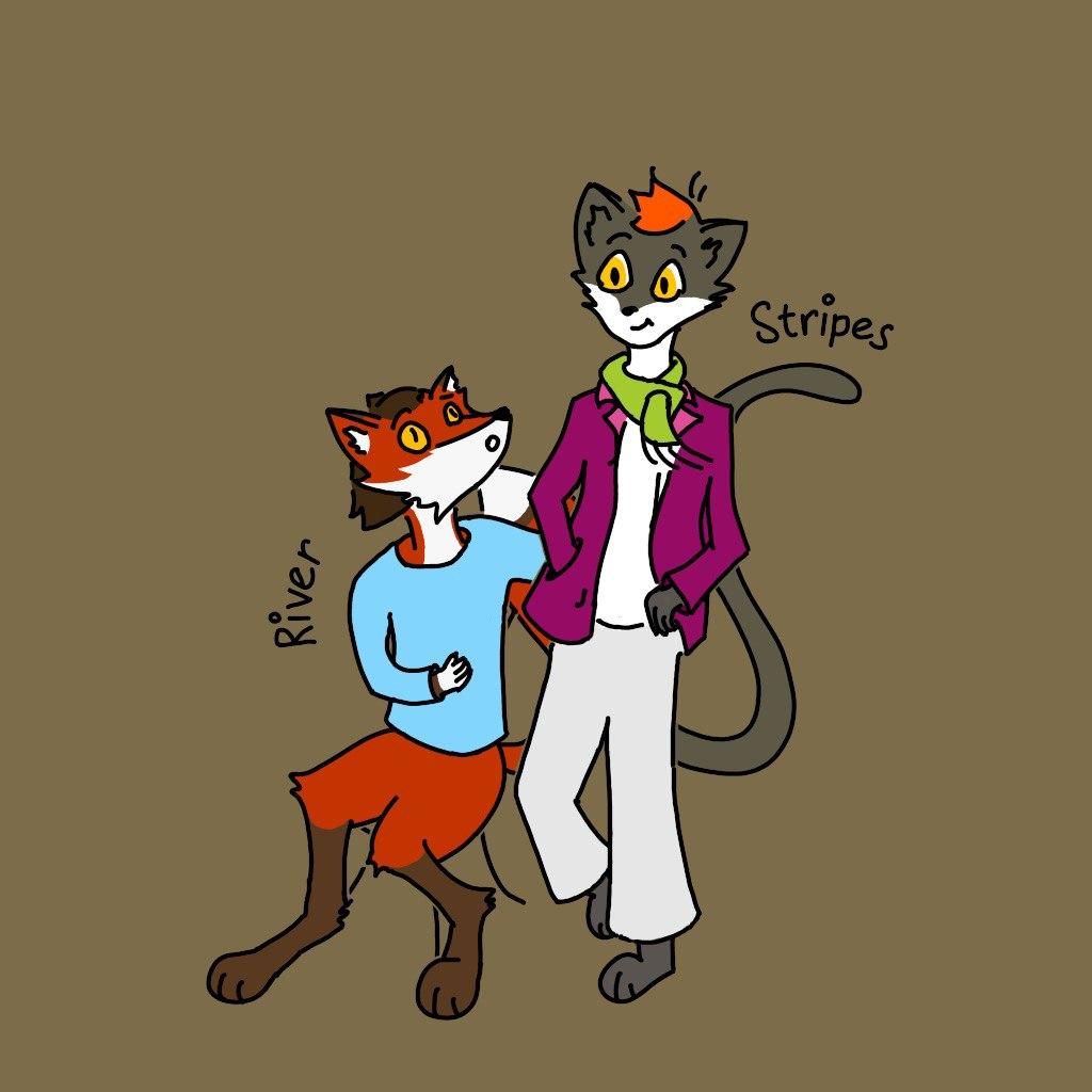 Drawing of an anthro fox in a blue shirt, sitting on a chair, enthusiastically talking to an anthro cat standing besides them. Unlike the fox, the cat is fully dressed: silver pants, burgundy jacket over a white shirt, with a colorful highlight of an apple green scarf