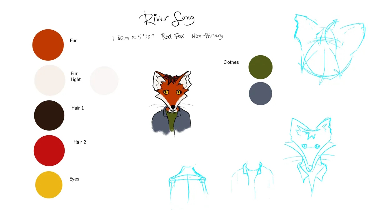 Half-body drawing of an red anthro fox in a blue shirt over a green tee. They have brown hair with streaks of red, and yellow eyes