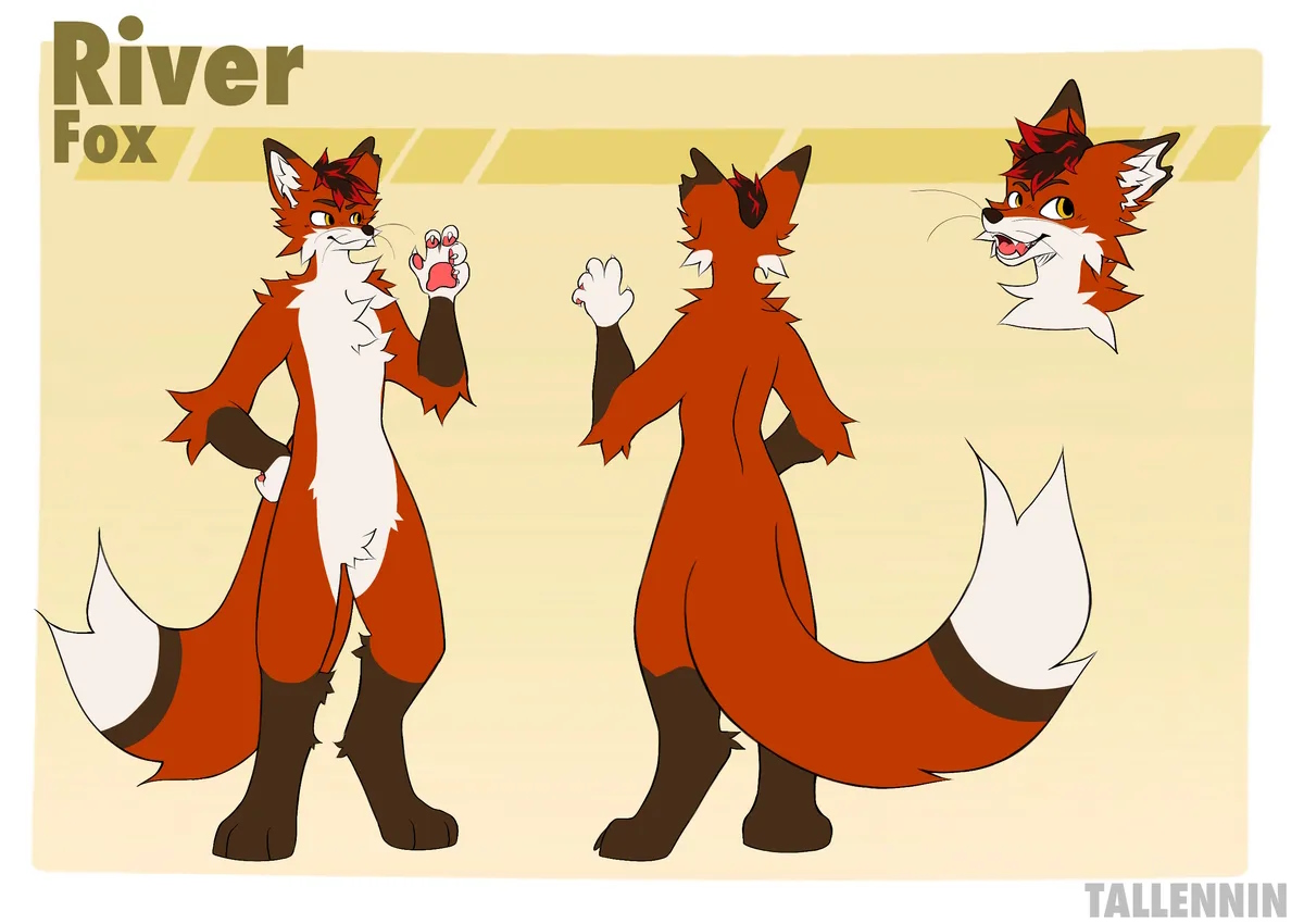 Reference sheet of a red anthro fox with a super bushy tail